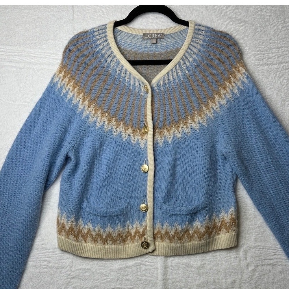 J.Crew Fair Isle Cardigan Women Large Blue Gold Crest Button Knit Sweater